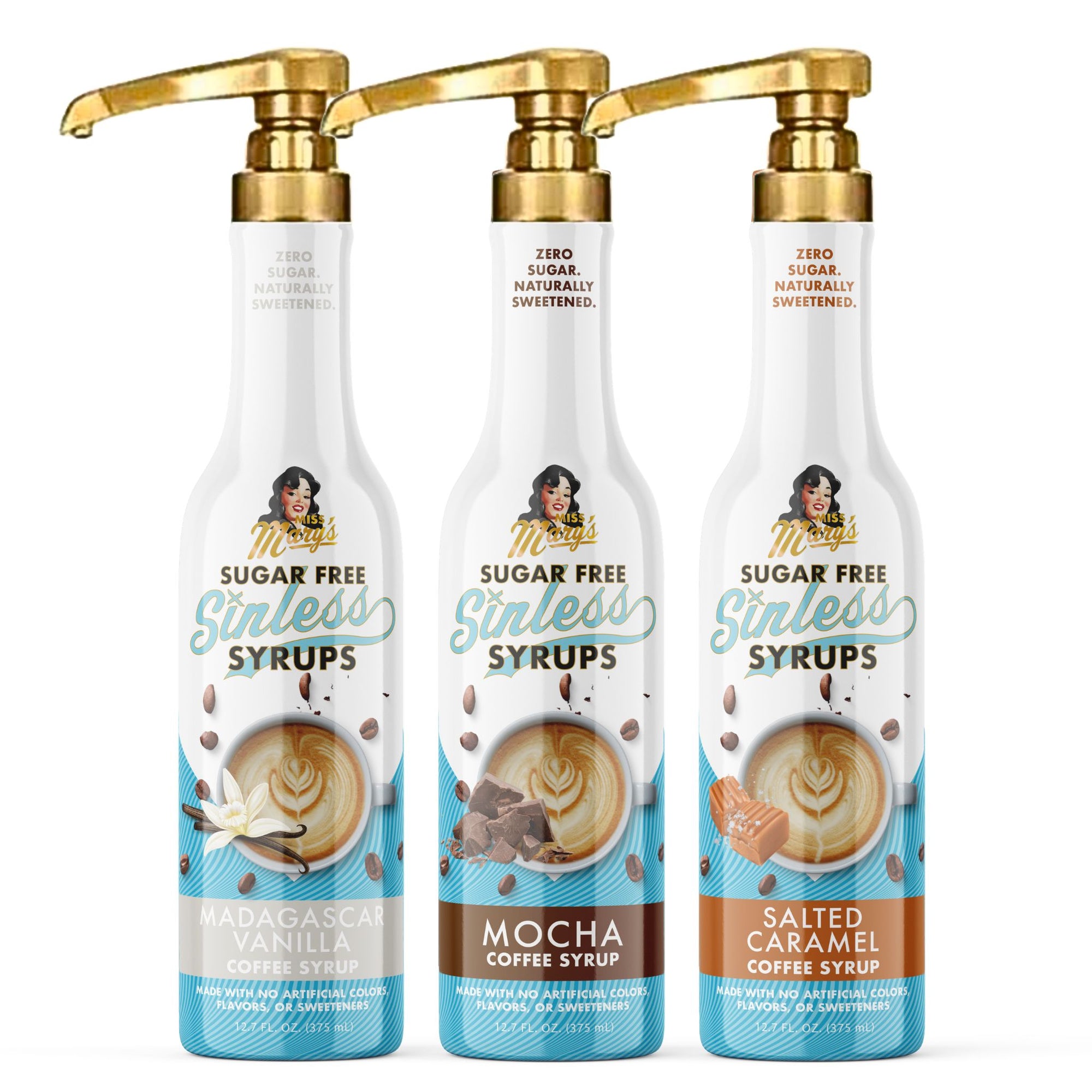 Three bottles of classic, sugar-free coffee syrups and bottle pumps on a white background
