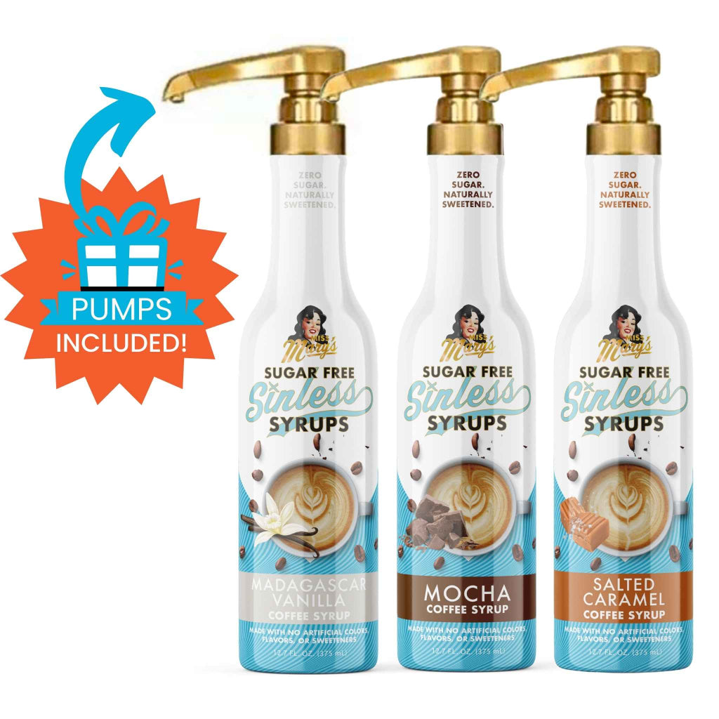 Three bottles of Sugar Free Sinless Syrups with pump tops on a white background.