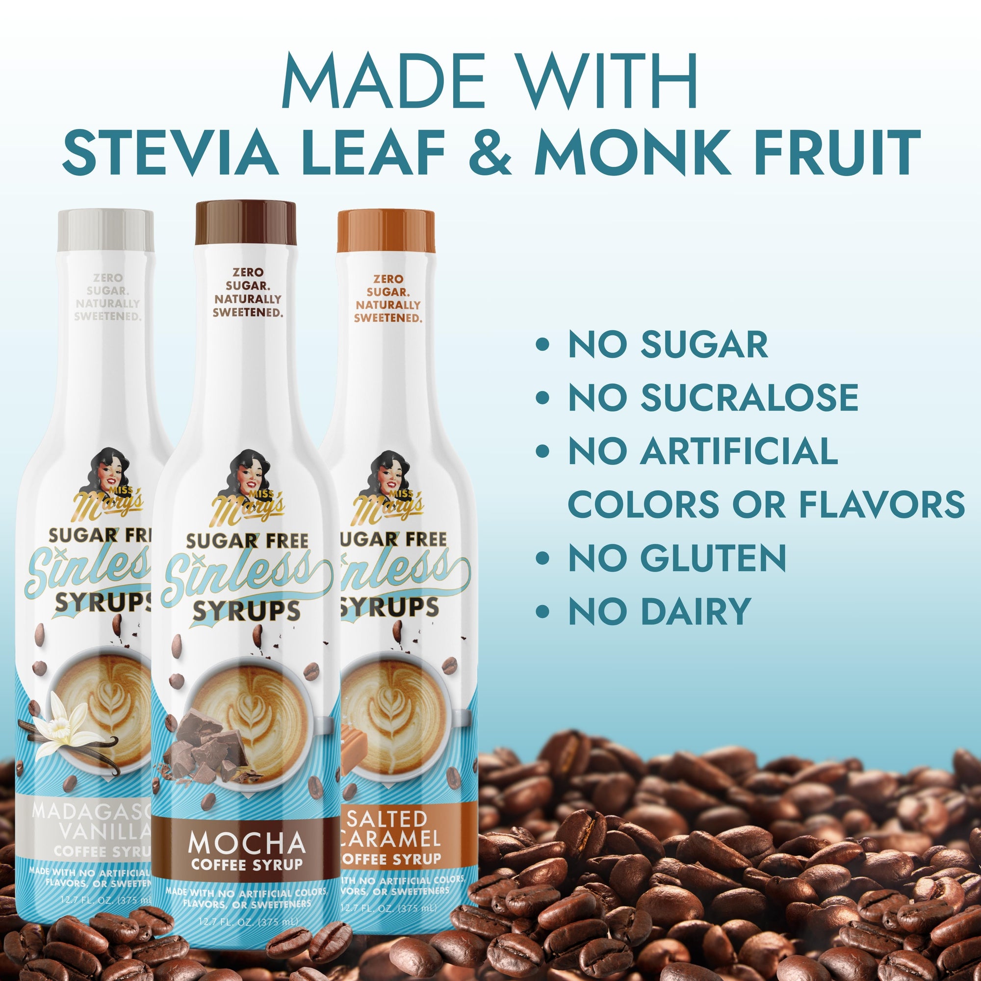 Three bottles of Mrs. Sugar Free Syrup in Madagascar Vanilla, Mocha Coffee, and Salted Caramel flavors, displayed against a light blue gradient background with coffee beans at the bottom and text highlighting stevia and monk fruit ingredients.