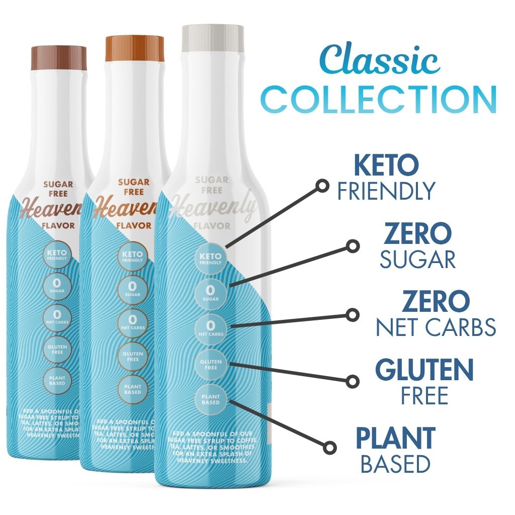 Three bottles of Sinless Syrups labeled as keto friendly, sugar free, zero net carbs, gluten free, and plant based.