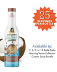 Bottle of Sugar Free Sinless Syrups with coconut half and product details on a white background