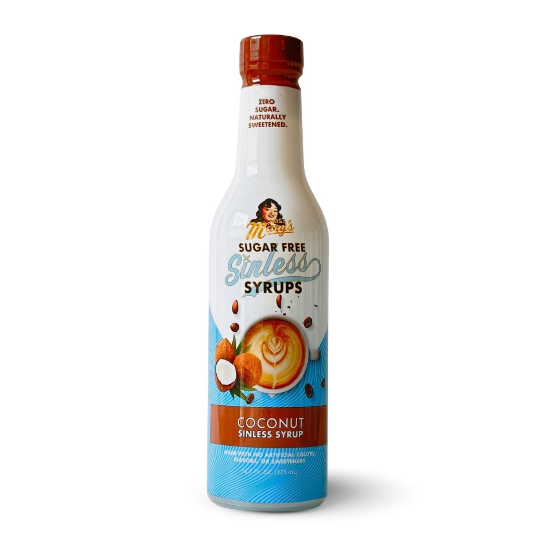 Miss Mary's Coconut Sugar Free Sinless Syrup bottle against white background