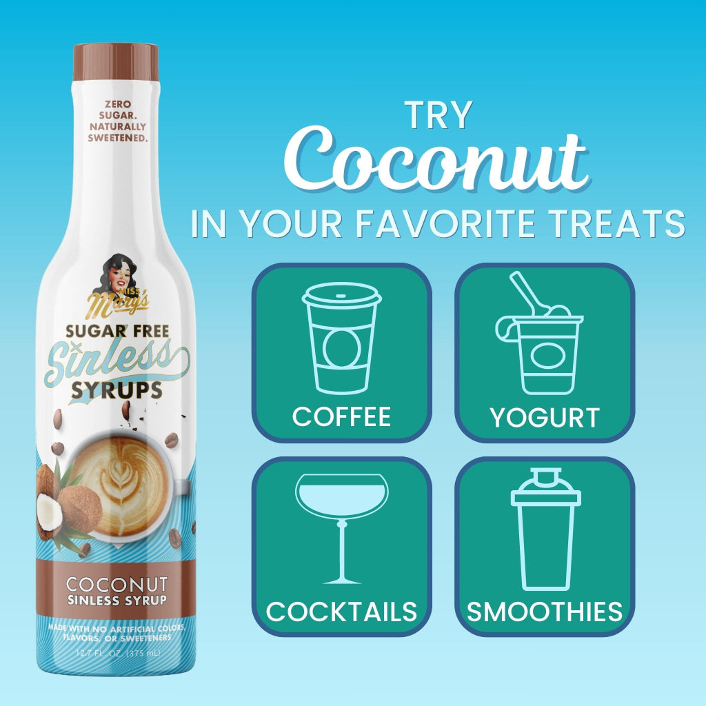 Bottle of Coconut Sinless Syrup and suggested uses on blue background