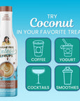 Bottle of Coconut Sinless Syrup and suggested uses on blue background