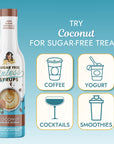 Miss Mary's Sugar Free Sinless Syrups Coconut coffee syrup with text  'TRY Coconut FOR SUGAR-FREE TREATS' and graphics for Coffee, Yogurt, Cocktails, and Smoothies against a blue background.