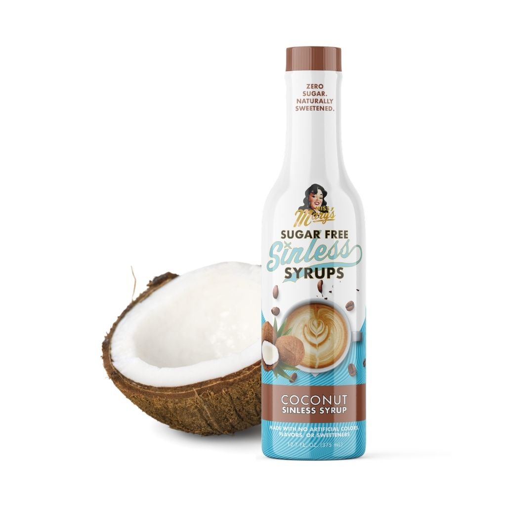 Bottle of sugar-free syrup with a coconut on a white background