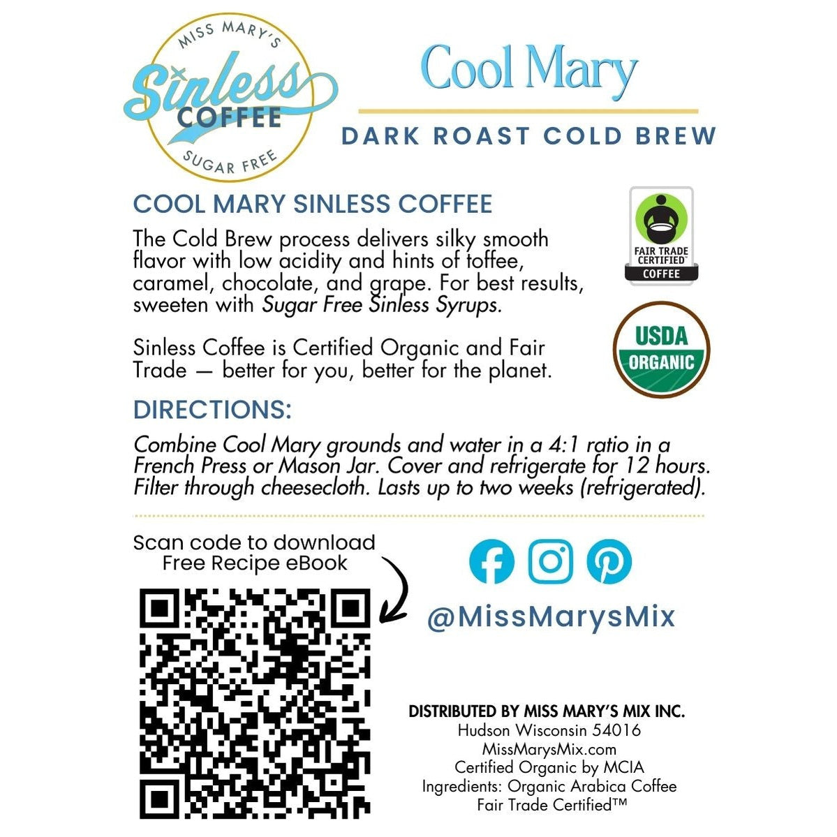 Sinless Coffee | Premium Organic Coffee from Miss Mary's Mix Cool Mary (Cold Brew) Sinless Coffee | Premium Organic Coffee from Miss Mary's Mix Cool Mary (Cold Brew)