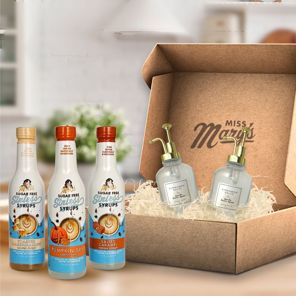 Cozy gift box with Toasted Marshmallow, Pumpkin Spice and Salted Caramel sugar-free syrups and 2 glass pump bottles