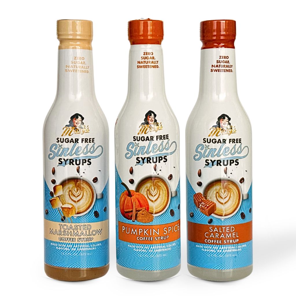 Three bottles of sugar-free Sinless Syrups on a white background: Toasted Marshmallow Coffee Syrup, Pumpkin Spice Coffee Syrup, and Salted caramel Coffee Syrup.