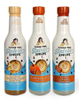 Three bottles of sugar-free Sinless Syrups on a white background: Toasted Marshmallow Coffee Syrup, Pumpkin Spice Coffee Syrup, and Salted caramel Coffee Syrup.