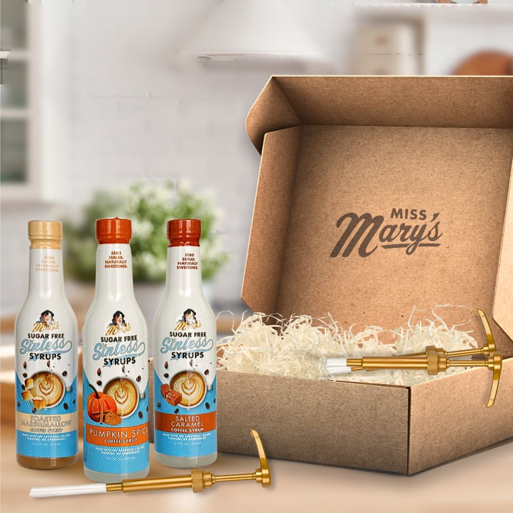 Cozy gift box with Toasted Marshmallow, Pumpkin Spice and Salted Caramel sugar-free syrups and 3 gold syrup pumps