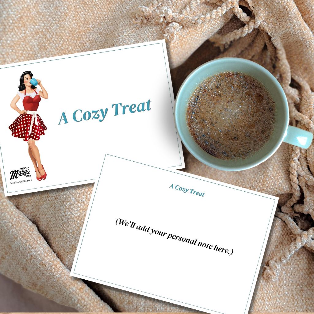 Cozy Treat gift note card with pin-up illustration and teal mug