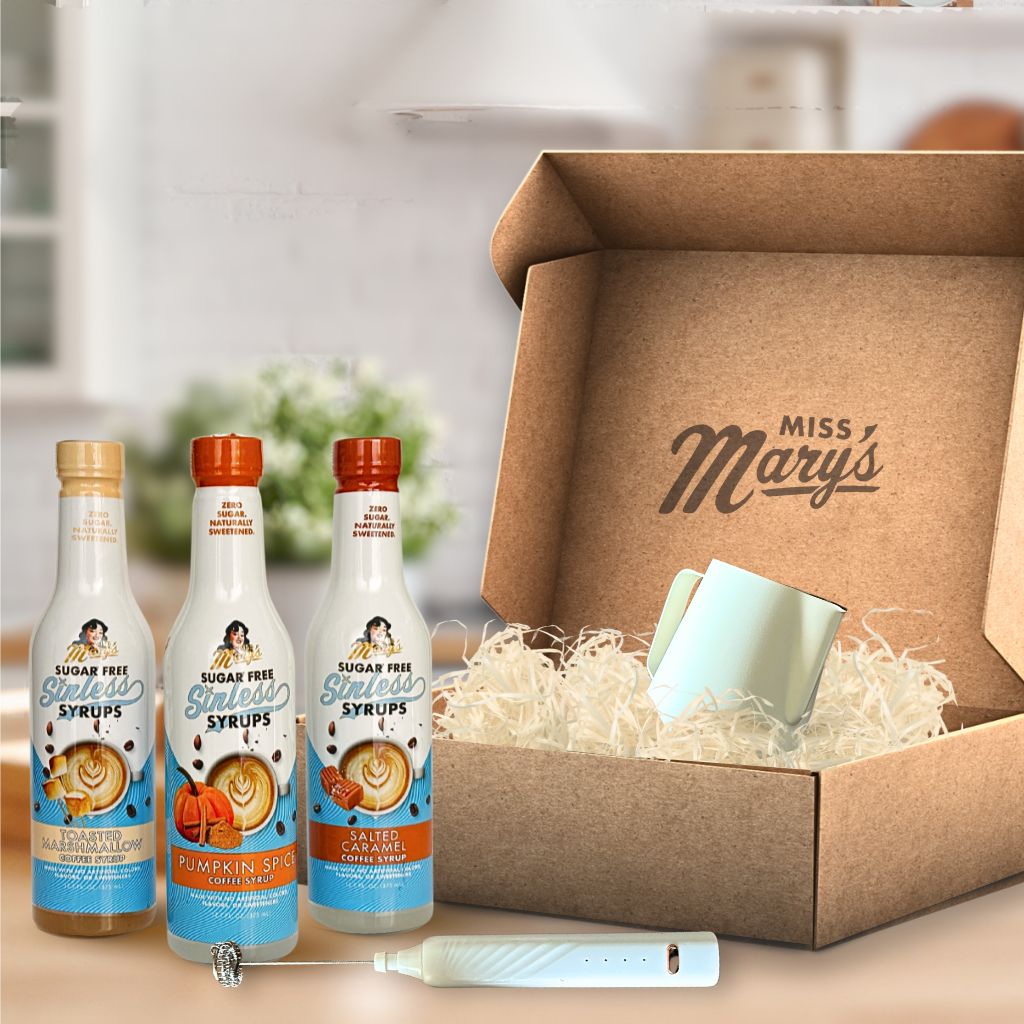 Cozy gift box with Toasted Marshmallow, Pumpkin Spice and Salted Caramel sugar-free syrups, frothing pitcher and frother
