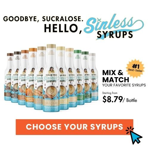 Promotional image of Sinless Syrups with text about sucralose and pricing.