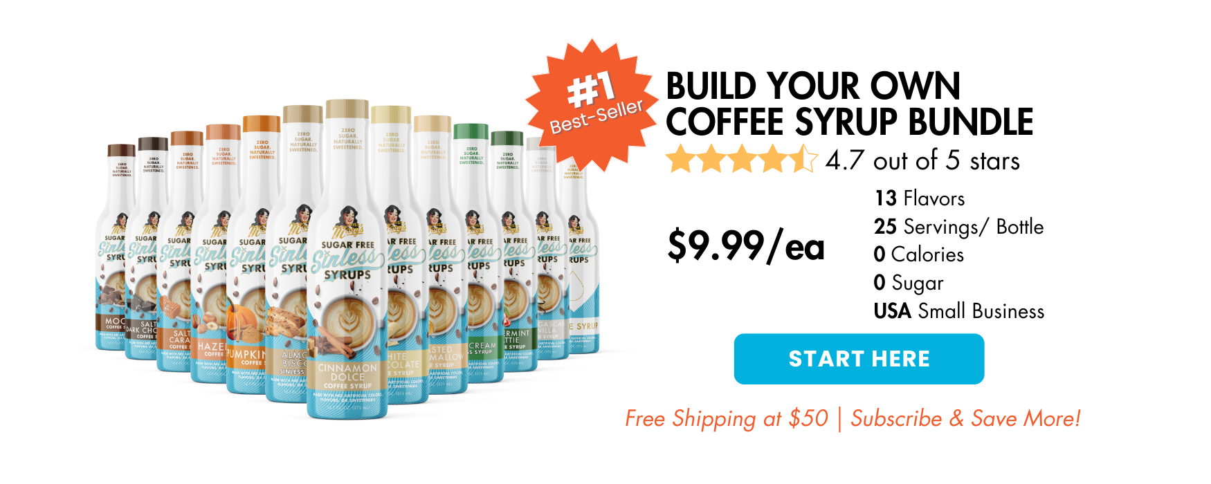 Coffee syrup bottles with promotional text for building your own coffee syrup bundle.