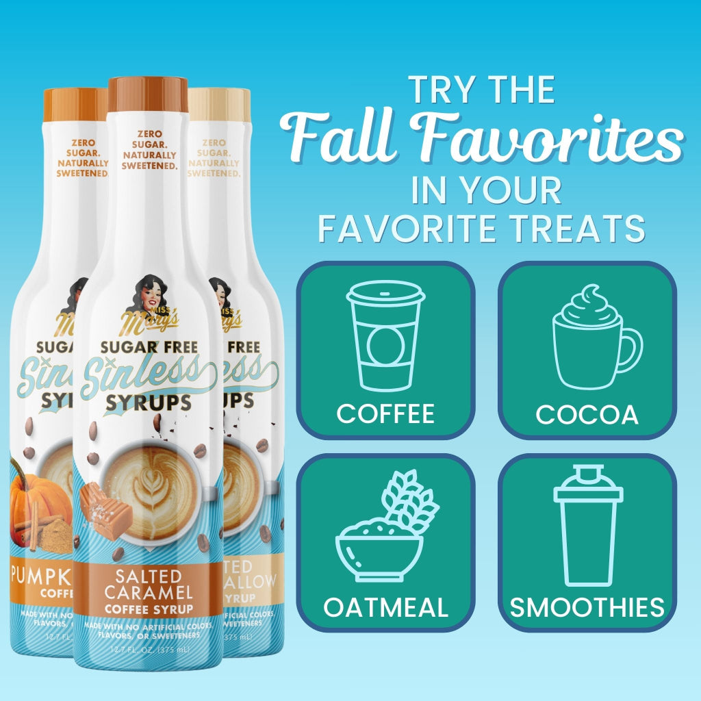 Bottles of sugar-free syrups with icons for coffee, cocoa, oatmeal, and smoothies on a blue background.