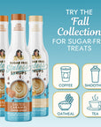 Miss Mary's Sugar-Free Salted Caramel, Pumpkin Spice, and Toasted Marshmallow coffee syrups with text  'TRY the Fall Collection FOR SUGAR-FREE TREATS' and graphics for Coffee, Yogurt, Tea, and Smoothies against a blue background.