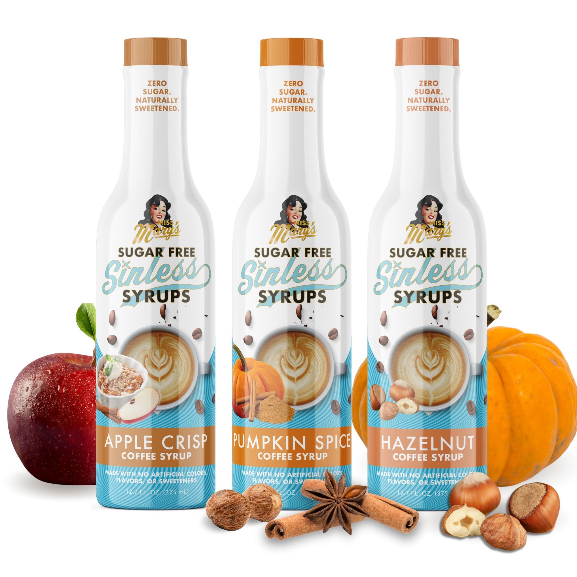 trio of fall flavor syrups on a white background with flavor images