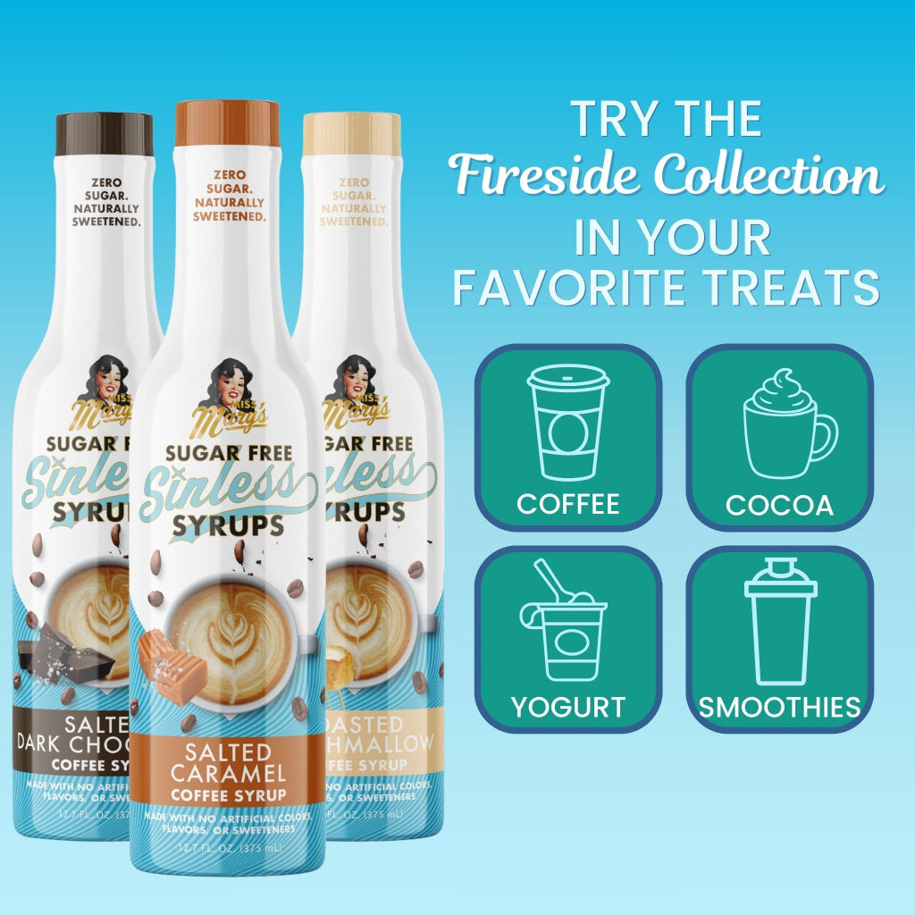 Fireside Collection of sugar free Sinless Syrups with graphics showing uses like coffee, yogurt, cocoa on blue background.