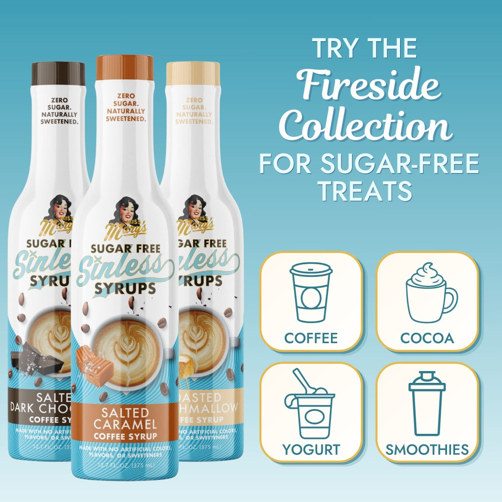 Miss Mary's Sugar-Free Salted Caramel, Salted Dark Chocolate, and Toasted Marshmallow coffee syrups with text  'TRY Almond Biscotti FOR SUGAR-FREE TREATS' and graphics for Coffee, Yogurt, Tea, and Smoothies against a blue background.