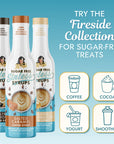Miss Mary's Sugar-Free Salted Caramel, Salted Dark Chocolate, and Toasted Marshmallow coffee syrups with text  'TRY Almond Biscotti FOR SUGAR-FREE TREATS' and graphics for Coffee, Yogurt, Tea, and Smoothies against a blue background.