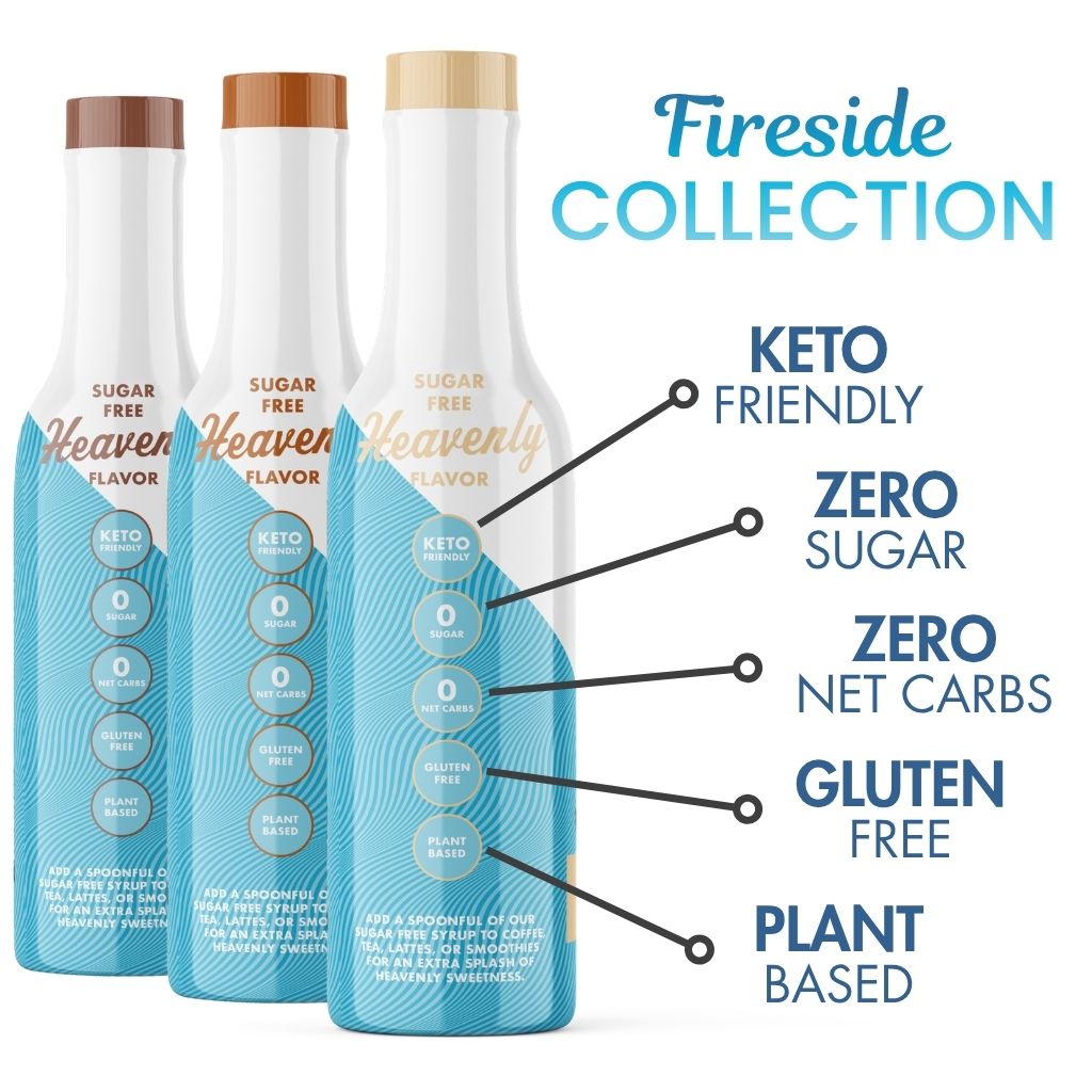 Three bottles of 'Sinless Syrups' brand with text highlighting features like keto friendly, gluten-free, and plant-based on a white background.