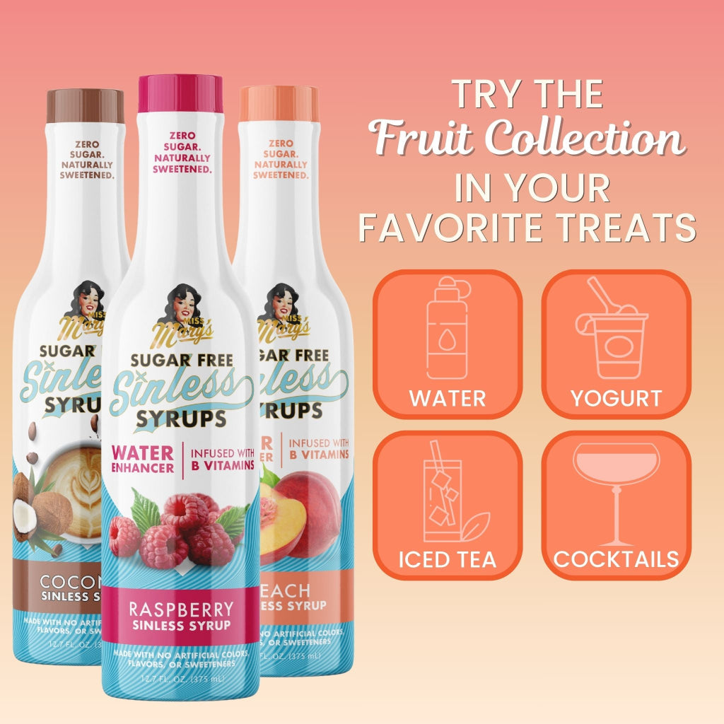 Three sugar-free syrups with flavor labels on a peach background, promoting the 'Fruit Collection' for various beverages.