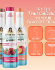 Three sugar-free syrups with flavor labels on a peach background, promoting the 'Fruit Collection' for various beverages.