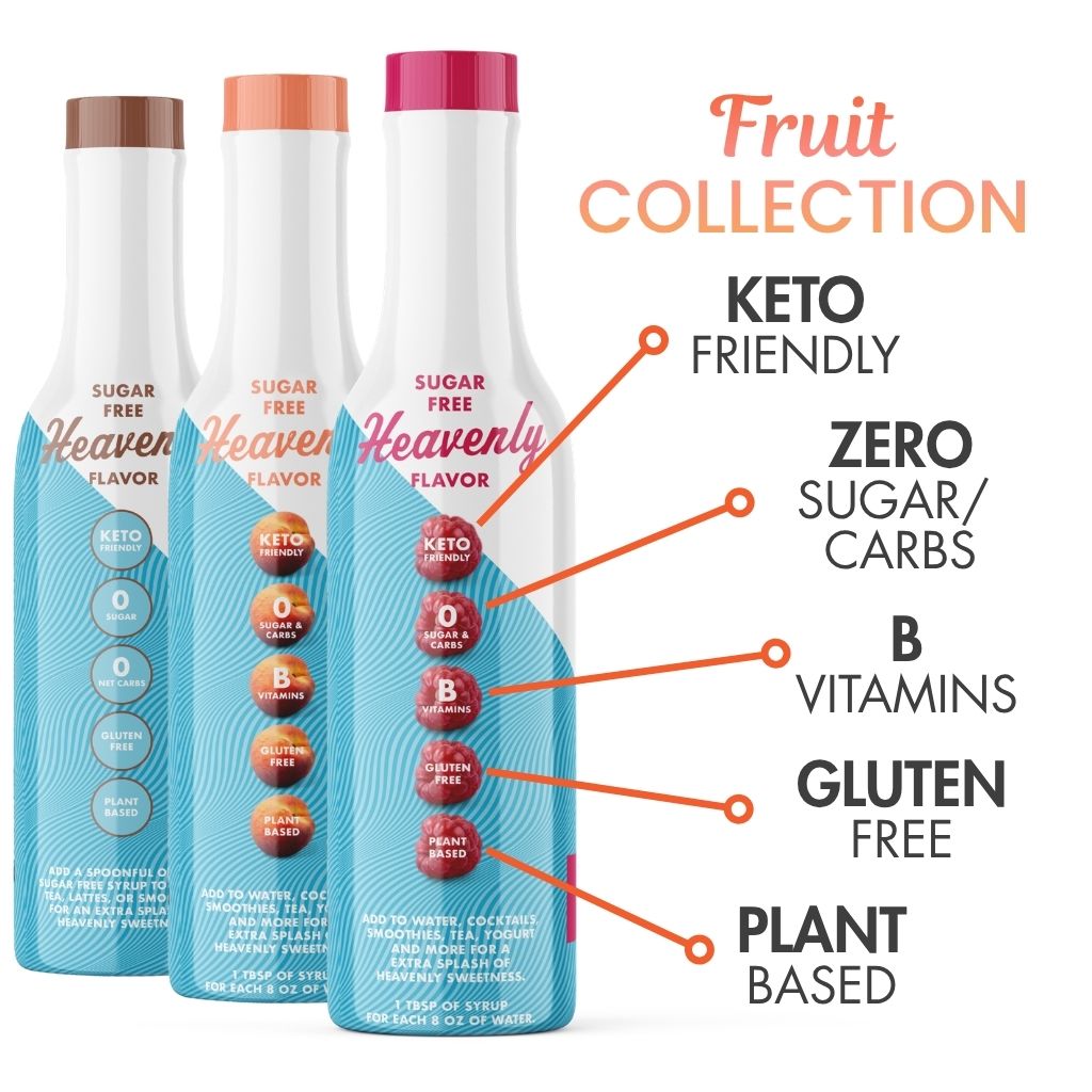 Three Fruit Sinless Syrup bottles with features highlighted on a white background.