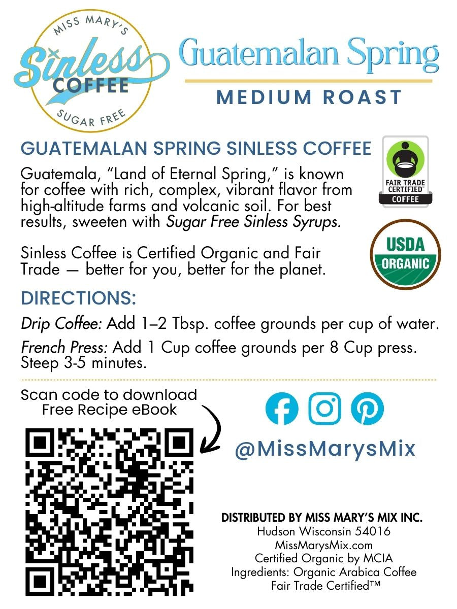 Guatemalan Spring Sinless Coffee packaging with branding and certification logos.