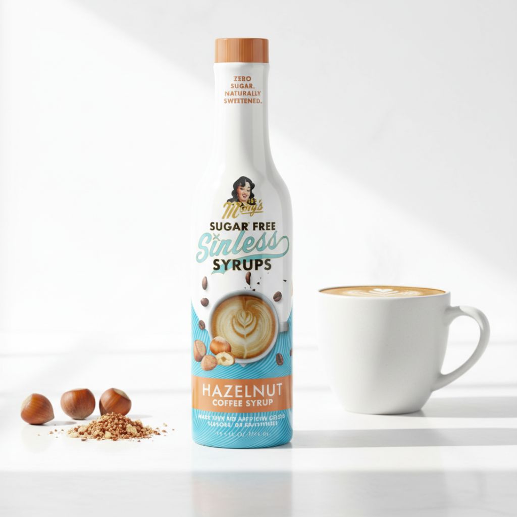 Bottle of sugar-free hazelnut Sinless Syrup next to a cup of coffee on a white background