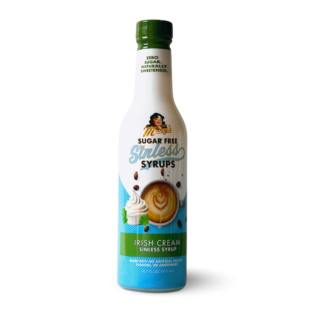 Miss Mary's Irish Cream Sugar Free Sinless Syrup bottle on white background