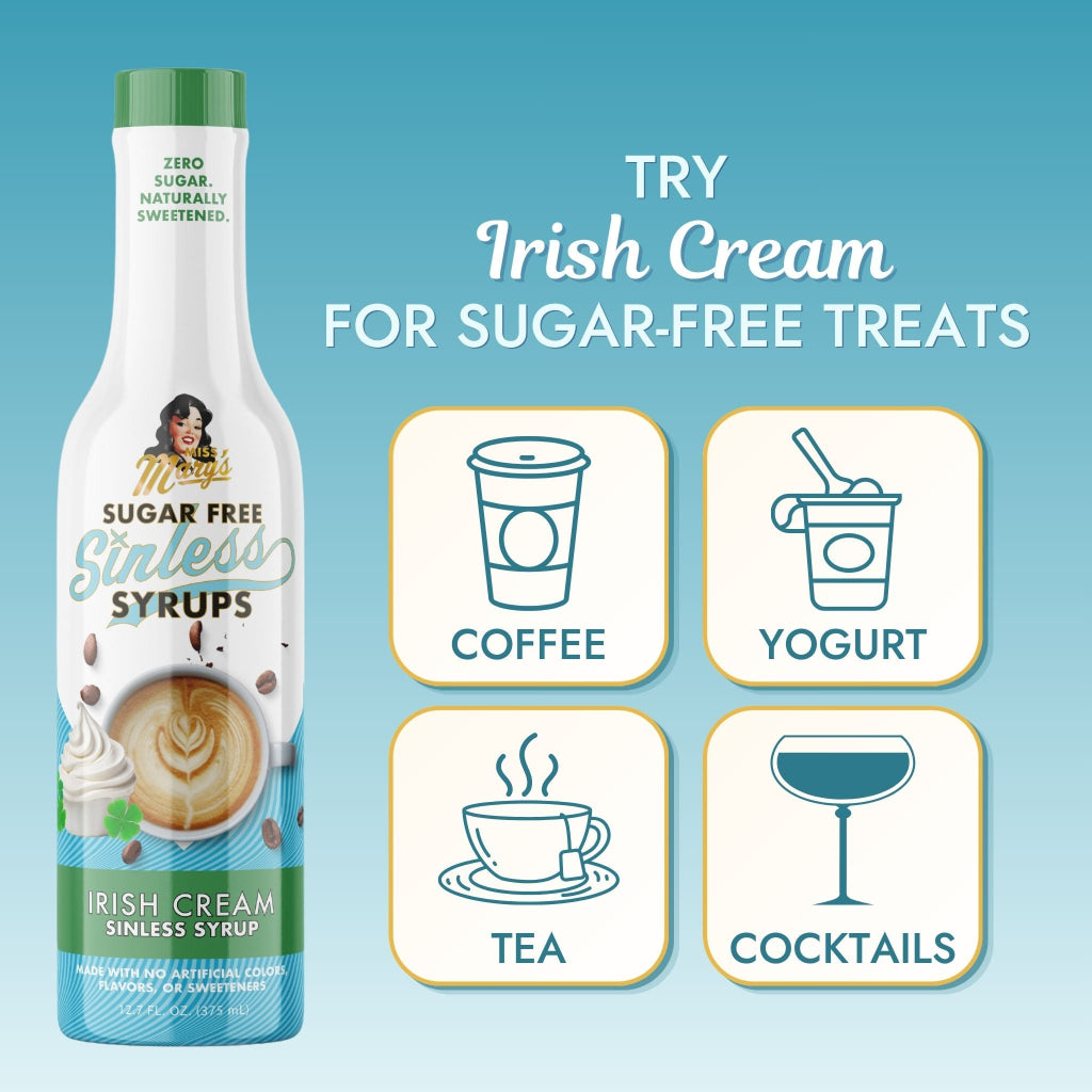 A bottle of Miss Mary's Irish Cream Sugar Free Sinless Syrup with text "Try Irish Cream for Sugar-Free Treats" and icons for coffee, yogurt, tea, and cocktails.
