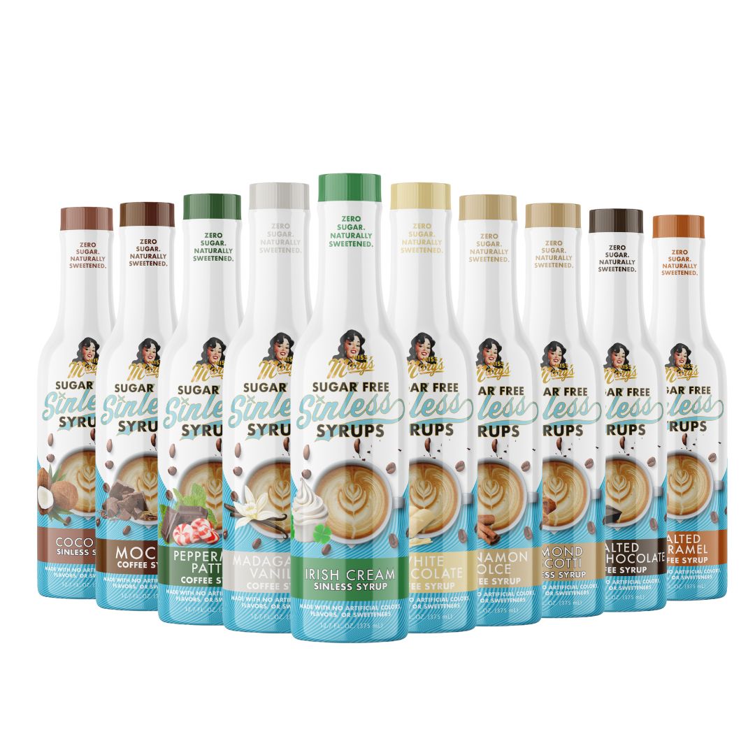 Irish Cream in a row of Sinless Syrup bottles with various flavors on a white background
