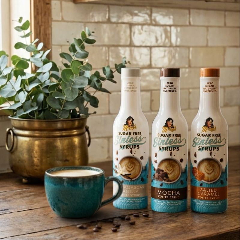 Three bottles of Sugar Free Sinless Syrups on a wooden surface with a teal mug and coffee beans.