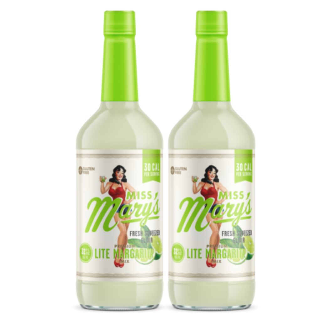 Two bottles of Miss Mary's Lite Margarita on a white background