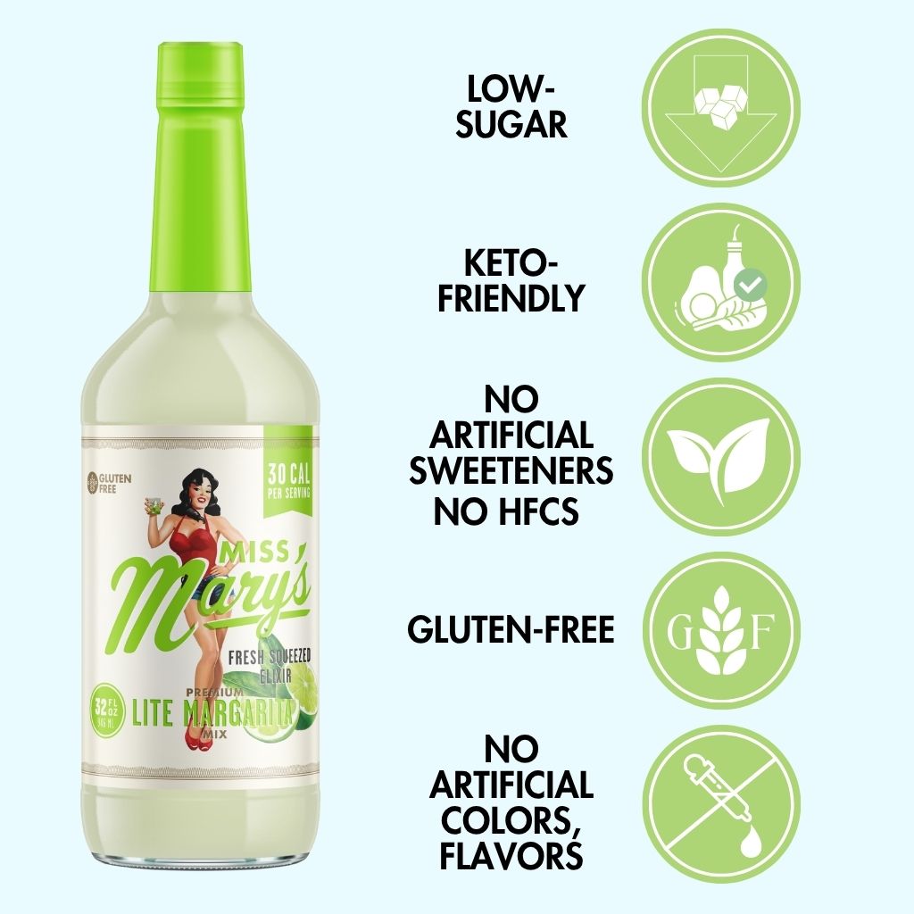 Bottle of Miss Mary's Lite Margarita with health benefits text and icons on a white background