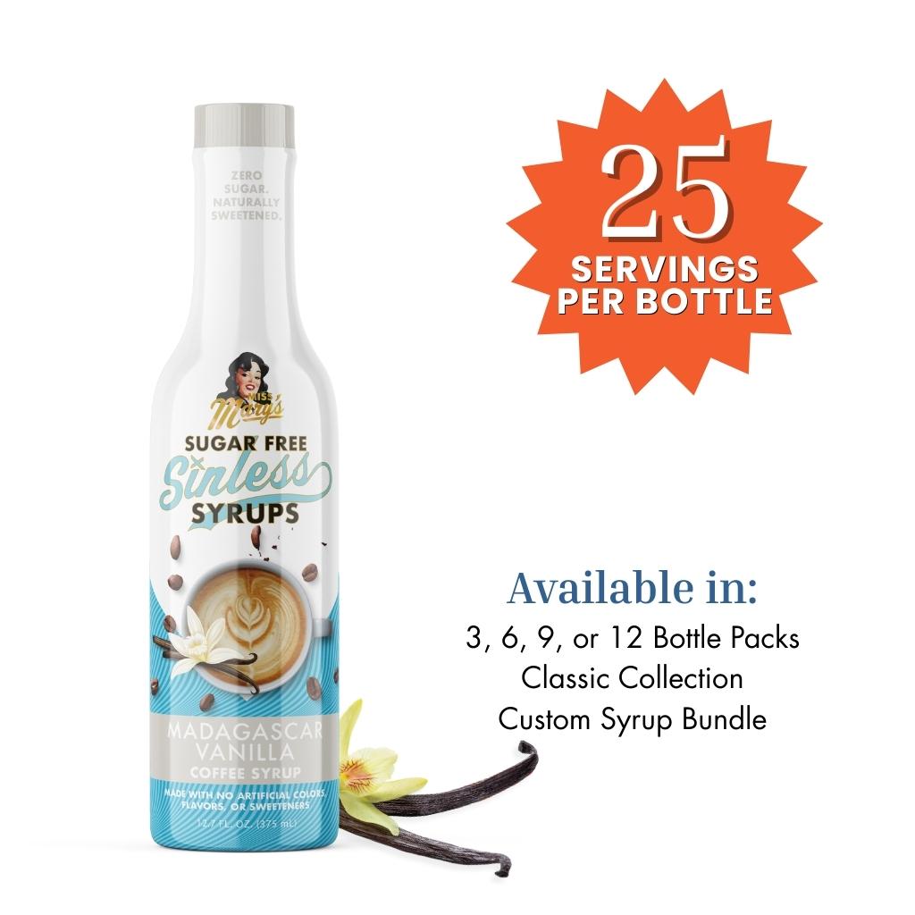 Sugar-free Sinless syrup bottle with vanilla flavor, featuring product details including 25 servings per bottle.