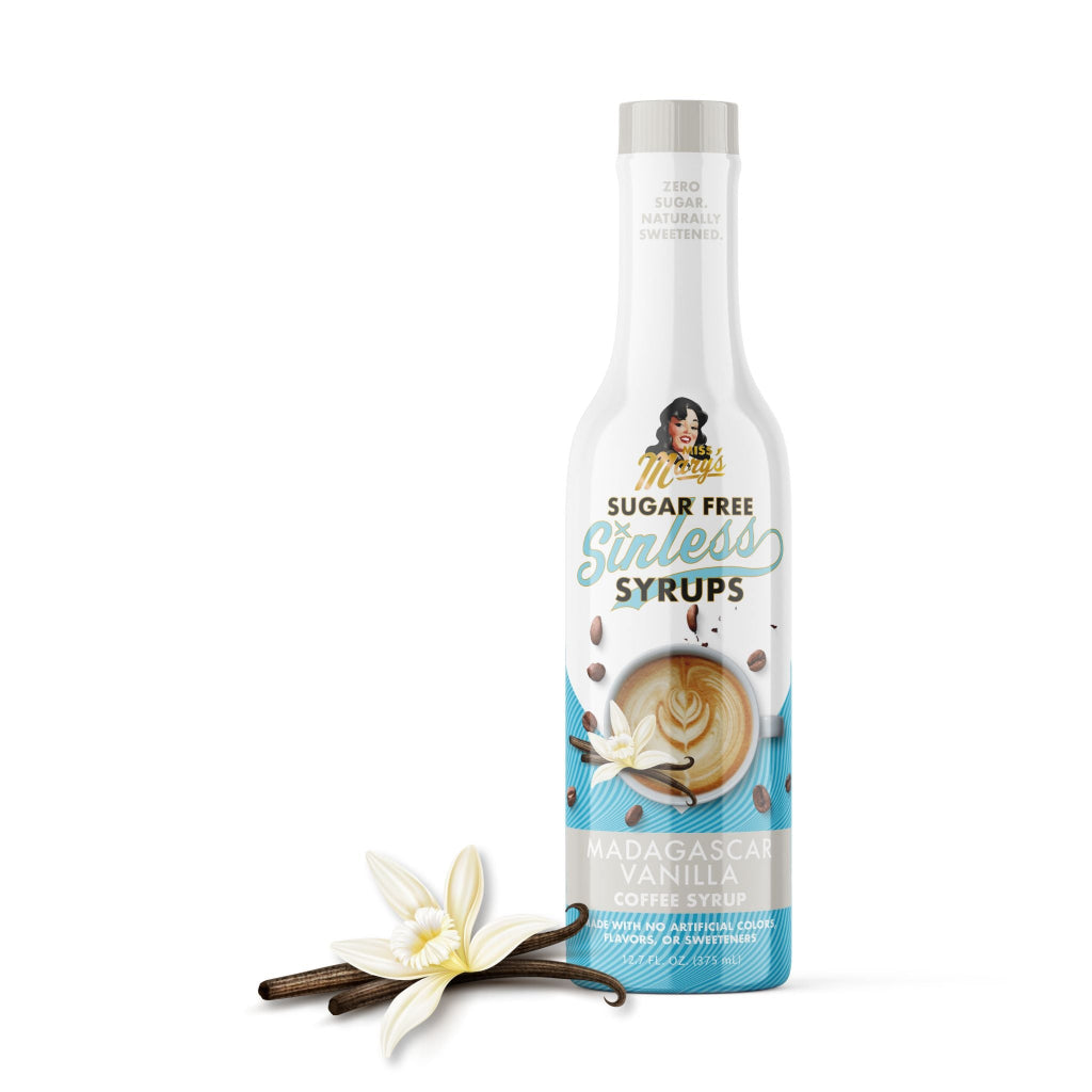 Bottle of sugar-free Sinless Madagascar Vanilla syrup on a white background