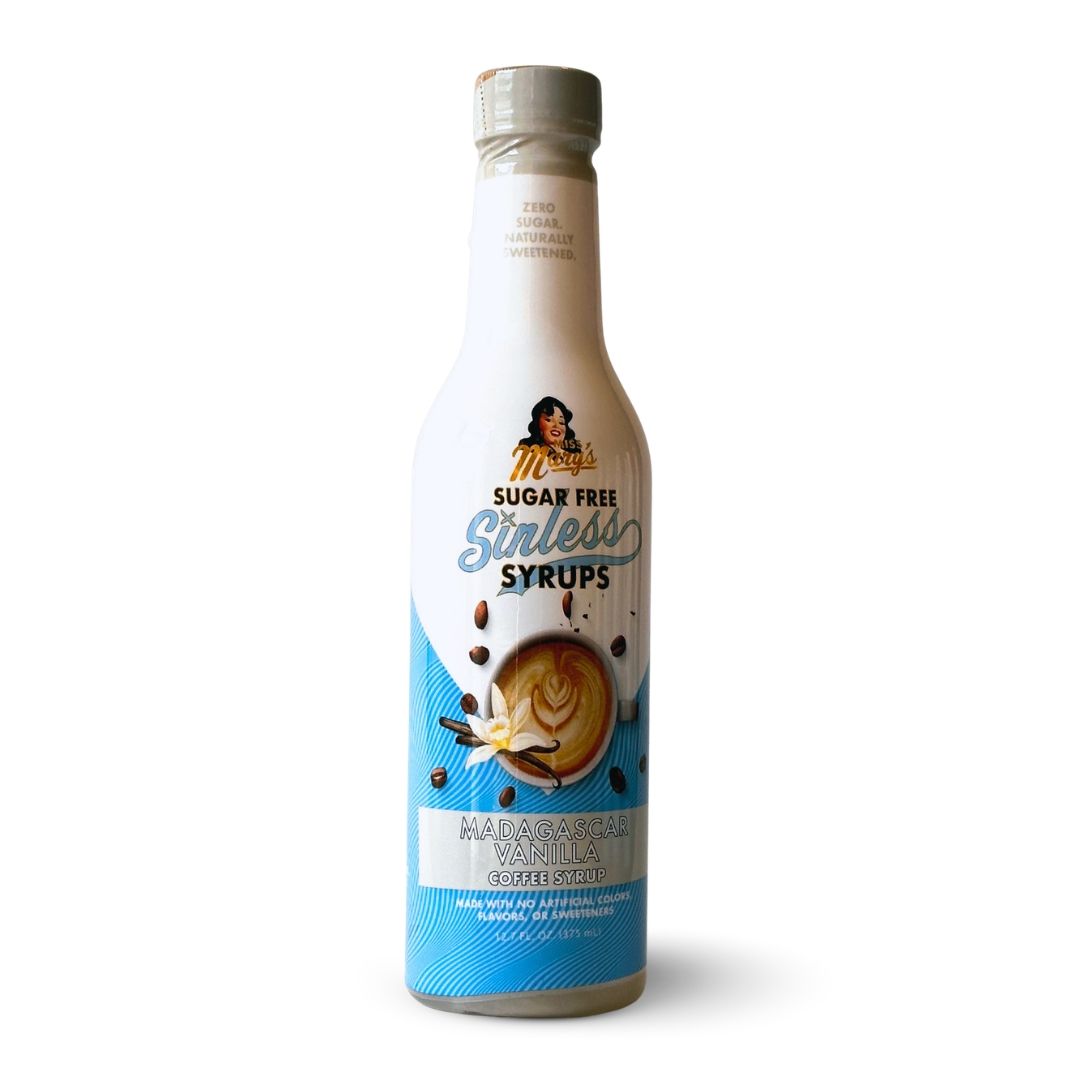 Miss Mary's Madagascar Vanilla Sugar Free Sinless Syrup bottle on white background