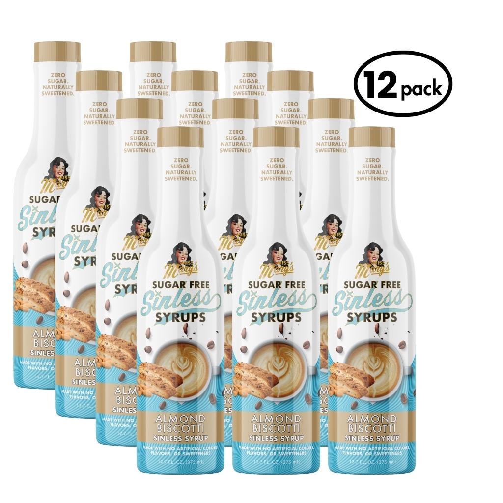 12-pack of Sugar Free Sinless Almond Biscotti Syrups on a white background