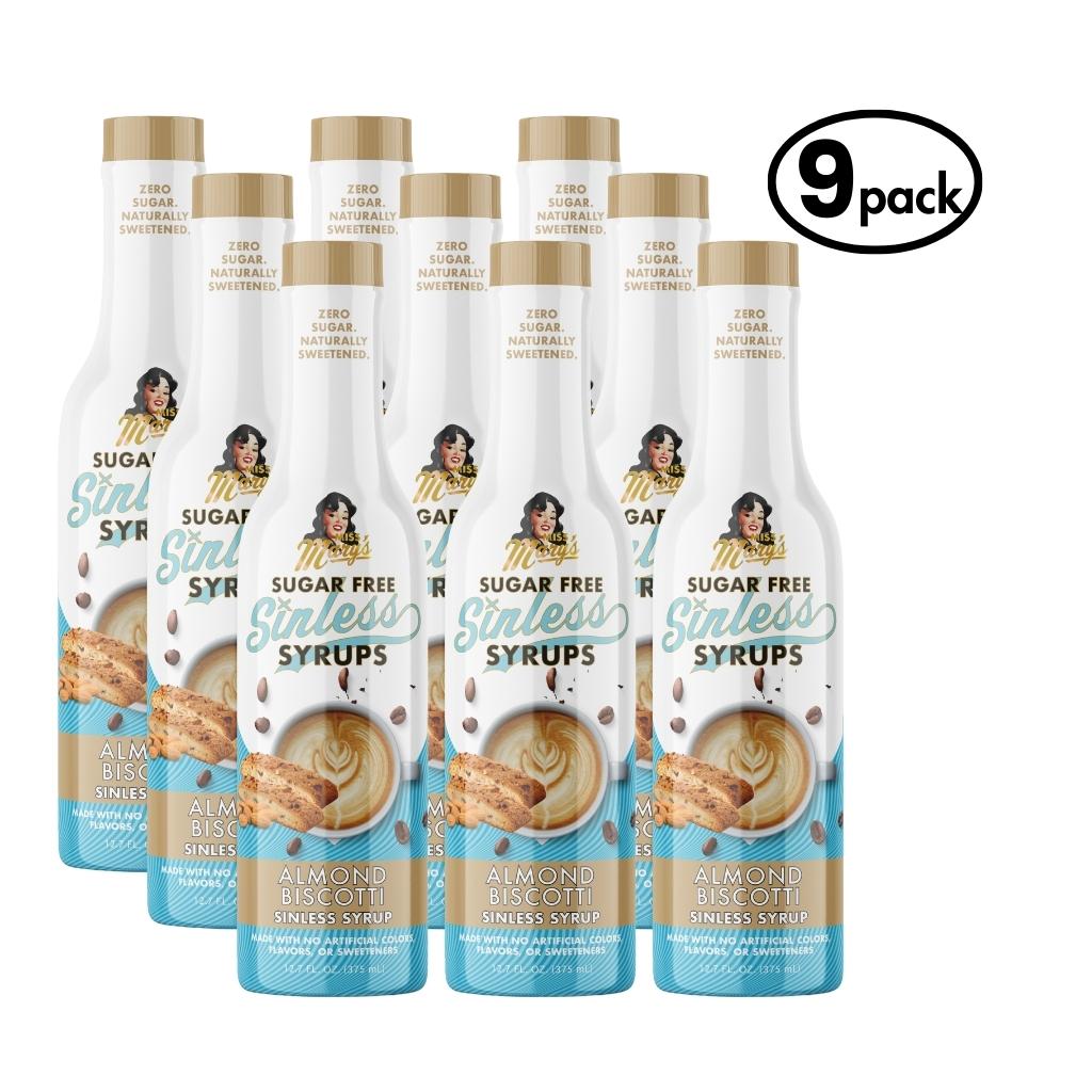 9-pack of Sugar Free Almond biscotti Sinless Syrups on a white background