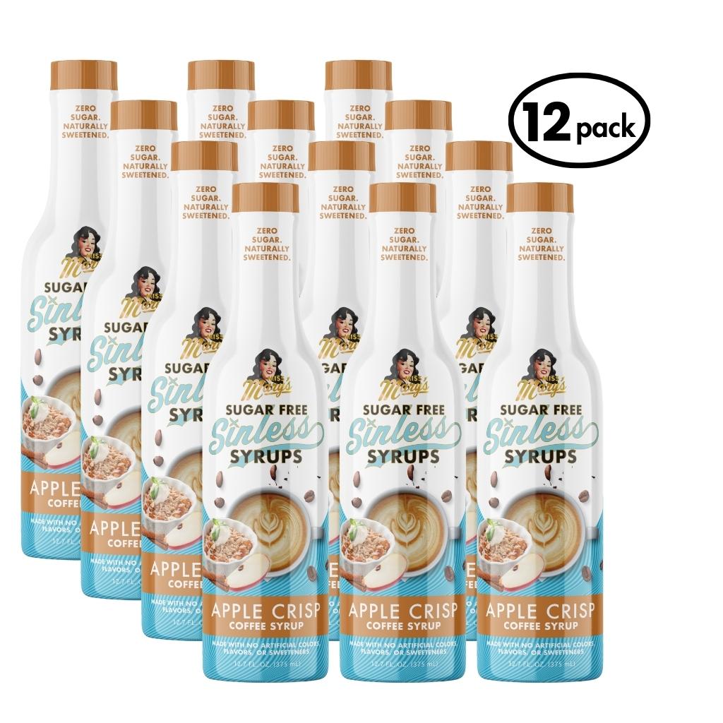 12-pack of Sugar Free Sinless Syrups Apple Crisp bottles on a white background
