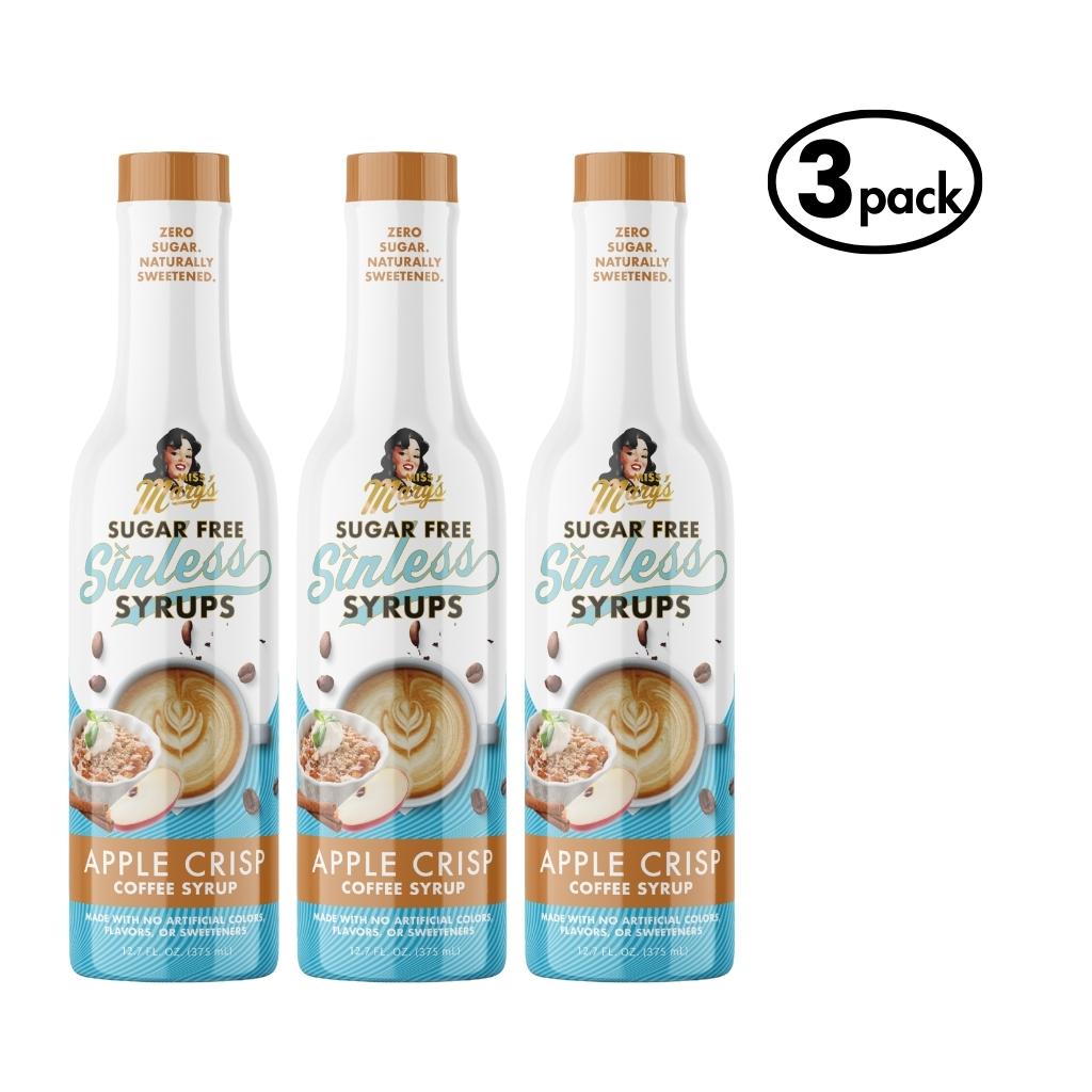 Three bottles of Sugar Free Sinless Syrups with Apple Crisp flavor on a white background.