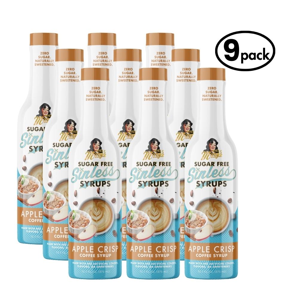 Nine bottles of Sugar Free Sinless Apple Crisp Coffee Syrup on a white background