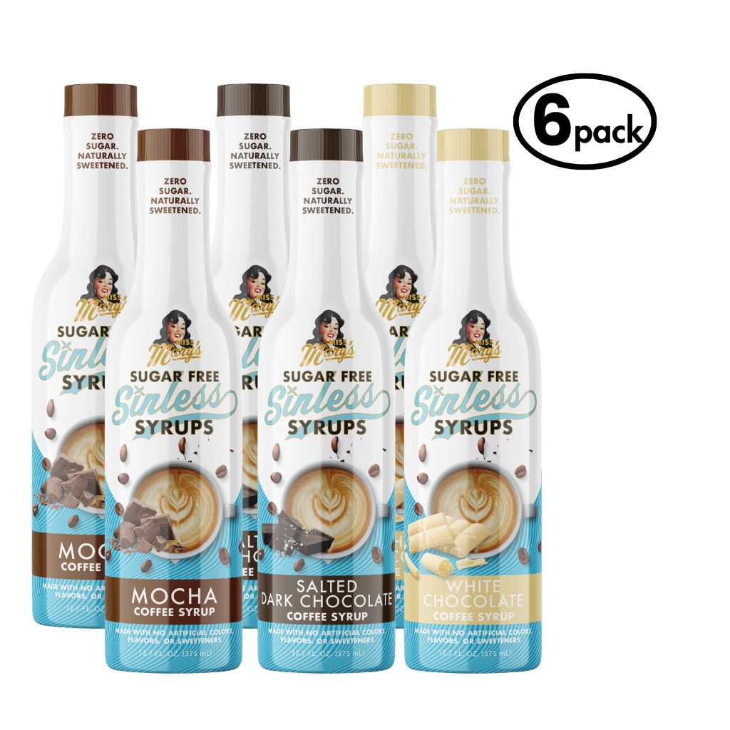 Six bottles of sugar-free coffee syrups with labels for Mocha, Salted Dark Chocolate, and White Chocolate on a white background.
