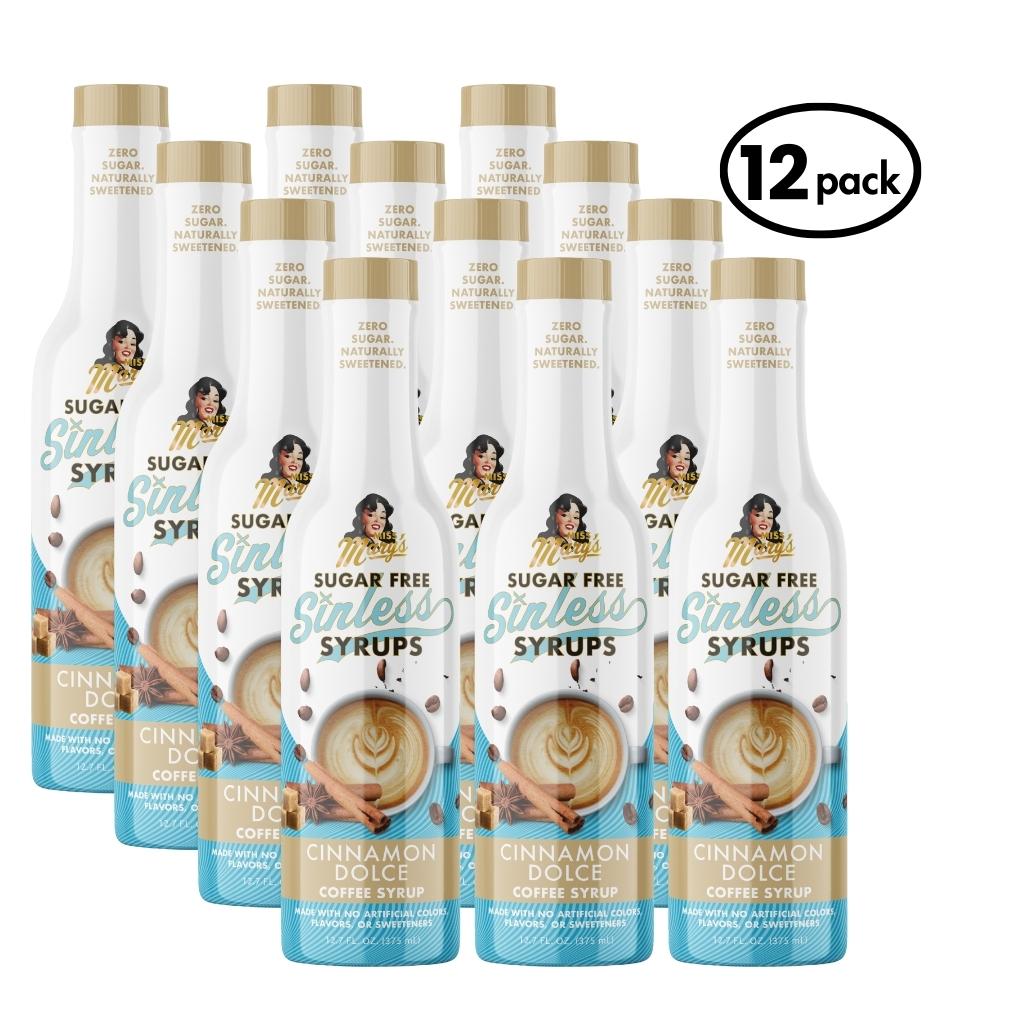 12-pack of Sugar Free cinnamon dolce Sinless Syrups bottles on a white background