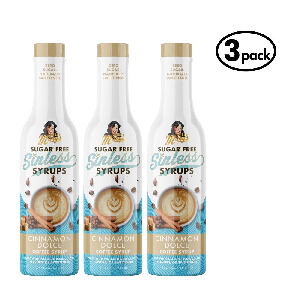 Three bottles of Sugar Free cinnamon dolce Sinless Syrups on a white background.