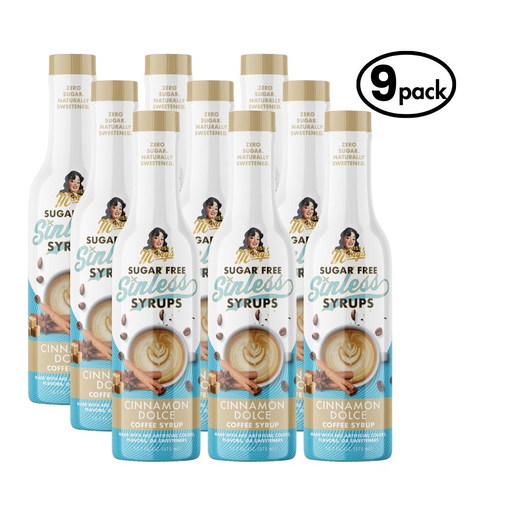 9-pack of Sugar Free cinnamon dolce Sinless Syrups with a white background