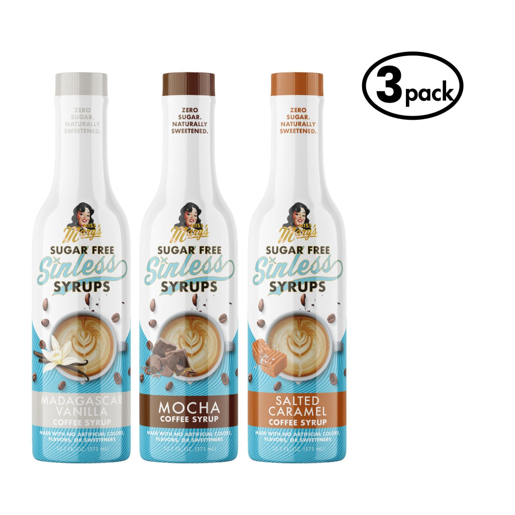 Three bottles of Sugar Free Sinless Syrups with labels for Madagascar Vanilla, Mocha, and Salted Caramel on a white background.